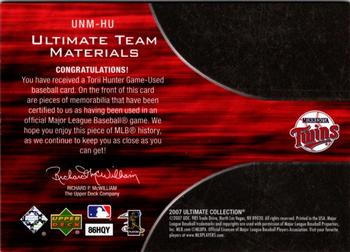 2007 Upper Deck Ultimate Collection - Ultimate Numbers Materials #UNM-HU Torii Hunter Back