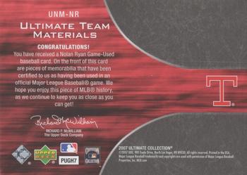 2007 Upper Deck Ultimate Collection - Ultimate Numbers Materials #UNM-NR Nolan Ryan Back