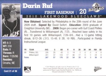 2010 MultiAd Lakewood BlueClaws #21 Darin Ruf Back