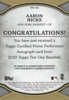 2020 Topps Tier One - Prime Performers Autographs #PPA-AH Aaron Hicks Back