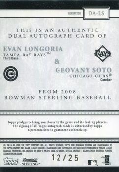 2008 Bowman Sterling - Dual Autographs Black Refractors #DA-LS Evan Longoria / Geovany Soto Back