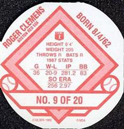 1988 Key Food Iced Tea Discs #9 Roger Clemens Back