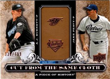 2008 Upper Deck A Piece of History - Cut From the Same Cloth #CSC-BP A.J. Burnett / Jake Peavy Front