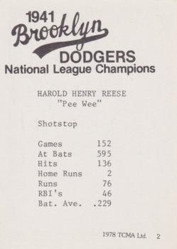 1978 TCMA 1941 Brooklyn Dodgers - Blue Border #2 Pee Wee Reese Back