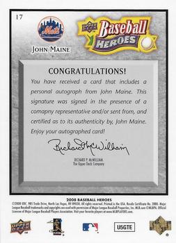 2008 Upper Deck Baseball Heroes - Autographs Charcoal #17 John Maine Back