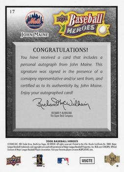 2008 Upper Deck Baseball Heroes - Autographs Black #17 John Maine Back