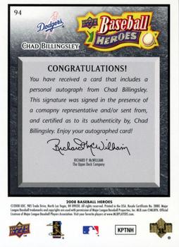 2008 Upper Deck Baseball Heroes - Autographs Black #94 Chad Billingsley Back