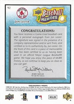 2008 Upper Deck Baseball Heroes - Autographed Memorabilia Light Blue #92 Jon Lester Back