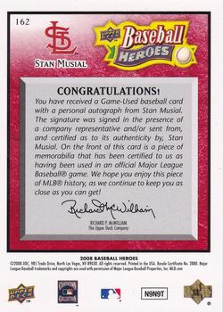 2008 Upper Deck Baseball Heroes - Autographed Memorabilia Red #162 Stan Musial Back