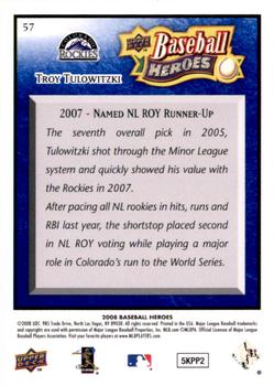2008 Upper Deck Baseball Heroes - Navy Blue #57 Troy Tulowitzki Back