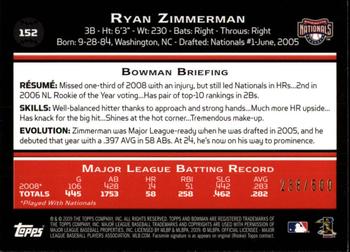 2009 Bowman - Blue #152 Ryan Zimmerman Back