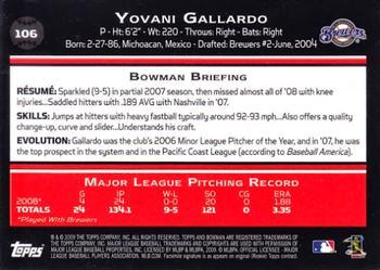 2009 Bowman - Gold #106 Yovani Gallardo Back