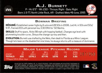 2009 Bowman - Orange #145 A.J. Burnett Back