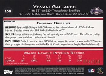 2009 Bowman Chrome - Blue Refractors #106 Yovani Gallardo Back