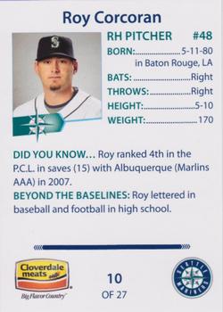 2008 Cloverdale Meats Seattle Mariners #10 Roy Corcoran Back