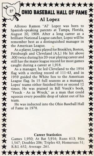 1982-91 Ohio Baseball Hall of Fame #27 Al Lopez Back