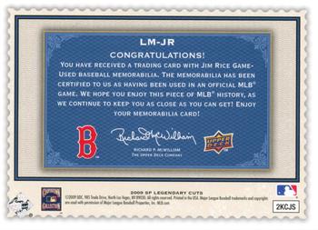 2009 SP Legendary Cuts - Legendary Memorabilia Blue #LM-JR Jim Rice Back