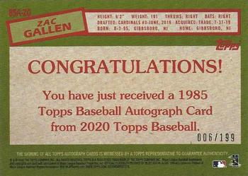 2020 Topps Update - 1985 Topps Baseball Autographs Black #85A-ZG Zac Gallen Back