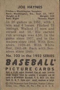 1952 Bowman #103 Joe Haynes Back