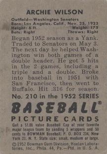 1952 Bowman #210 Archie Wilson Back