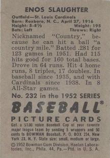 1952 Bowman #232 Enos Slaughter Back