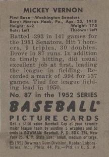 1952 Bowman #87 Mickey Vernon Back