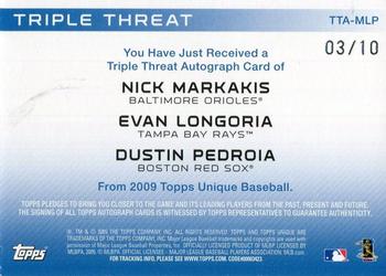 2009 Topps Unique - Triple Threat Autographs #TTA-MLP Nick Markakis / Evan Longoria / Dustin Pedroia Back