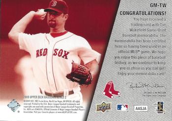 2009 Upper Deck - UD Game Materials #GM-TW Tim Wakefield Back