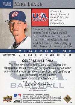 2009 Upper Deck - USA National Team Autographs #USAB-ML Mike Leake Back