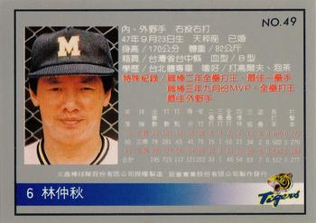1993 Chu Tung Mercuries Tigers #49 Chung-Chiu Lin Back