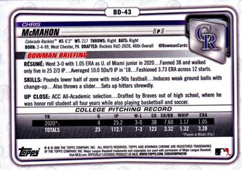 2020 Bowman Draft - Chrome #BD-43 Chris McMahon Back