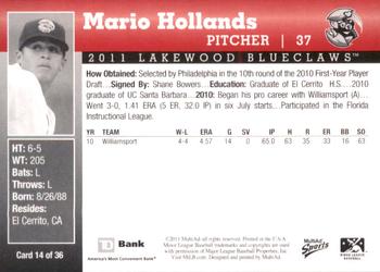 2011 MultiAd Lakewood BlueClaws SGA #14 Mario Hollands Back