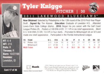 2011 MultiAd Lakewood BlueClaws SGA #17 Tyler Knigge Back