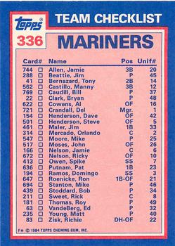 1984 Topps - Collector's Edition (Tiffany) #336 Mariners Leaders / Checklist (Pat Putnam / Matt Young) Back