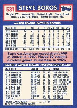 1984 Topps - Collector's Edition (Tiffany) #531 Steve Boros Back