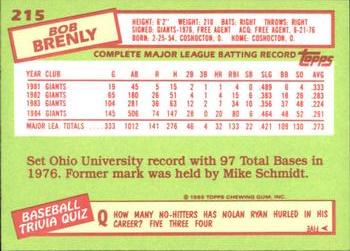 1985 Topps - Collector's Edition (Tiffany) #215 Bob Brenly Back
