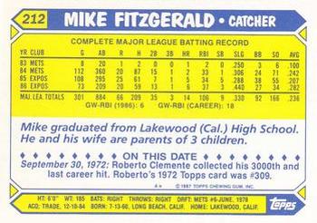 1987 Topps - Collector's Edition (Tiffany) #212 Mike Fitzgerald Back