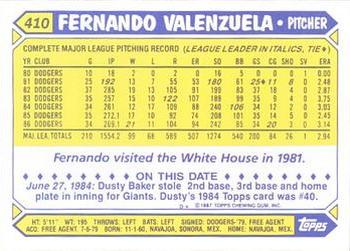 1987 Topps - Collector's Edition (Tiffany) #410 Fernando Valenzuela Back