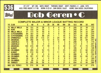 1990 Topps - Collector's Edition (Tiffany) #536 Bob Geren Back