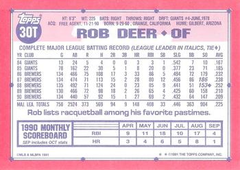 1991 Topps Traded - Limited Edition (Tiffany) #30T Rob Deer Back