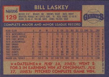 1984 Topps Nestle #129 Bill Laskey Back