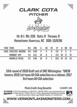 2019 Choice Vermont Lake Monsters #9 Clark Cota Back