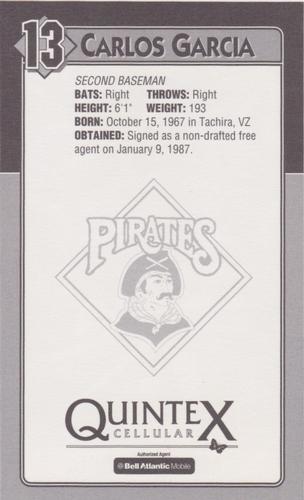 1994 Quintex Pittsburgh Pirates SGA #NNO Carlos Garcia Back