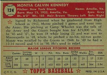 1952 Topps #124 Monte Kennedy Back