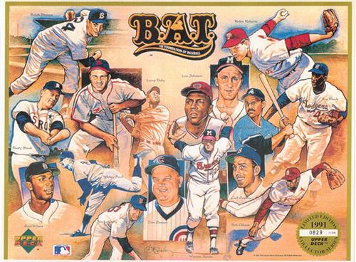 1991 Upper Deck Commemorative Sheet #NNO Ralph Branca / Joe Garagiola / Rusty Staub / Earl Wilson / Whitey Ford / Larry Doby / Jim Lonborg / Don Zimmer / Lou Johnson / Warren Spahn / Frank Torre / Chris Chambliss / Robin Roberts / Joe Black / Bob Gibson Front