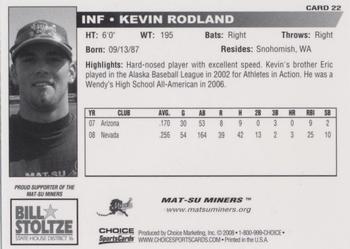 2008 Choice Mat-Su Miners #22 Kevin Rodland Back