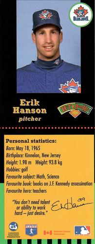 1998 Hit the Books Bookmarks Toronto Blue Jays #NNO Erik Hanson Front