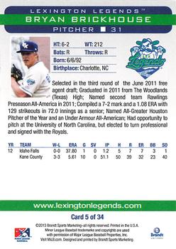 2013 Brandt Lexington Legends #5 Bryan Brickhouse Back