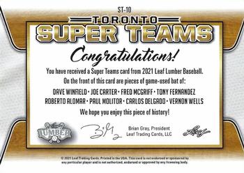 2021 Leaf Lumber - Super Teams Relics Red #ST-10 Dave Winfield / Joe Carter / Fred McGriff / Tony Fernandez / Roberto Alomar / Paul Molitor / Carlos Delgado / Vernon Wells Back