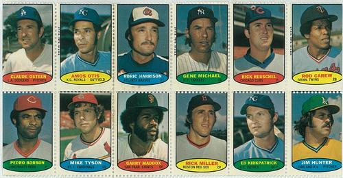 1974 Topps Stamps - Stamp Panels #NNO Claude Osteen / Amos Otis / Roric Harrison / Gene Michael / Rick Reuschel / Rod Carew / Pedro Borbon / Mike Tyson / Garry Maddox / Rick Miller / Ed Kirkpatrick / Jim Hunter Front